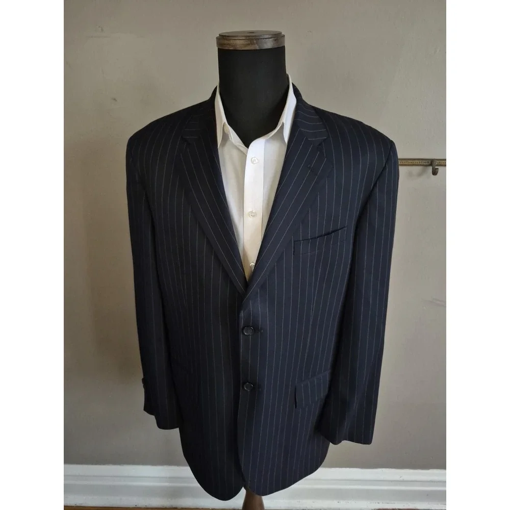 Paul Fredrick Mens Navy Pinstripe Wool Sports Coat 42R 2 Button Blazer USA